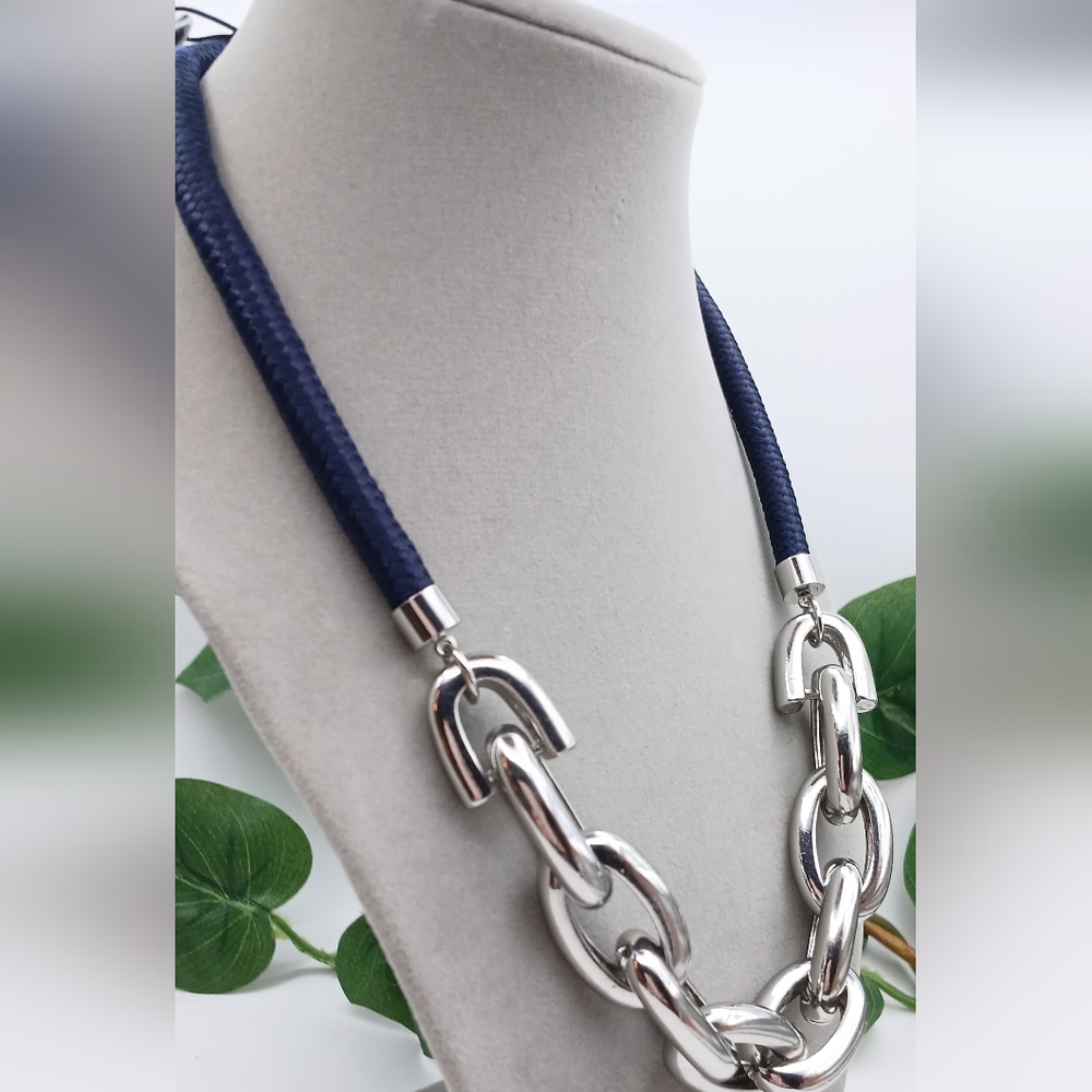 CHUNKY SILVER OVAL CHAIN NECKLACE BLUE ROPE NAUTICAL NEW